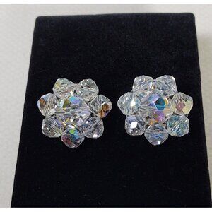 Aurora Borealis Crystal Cluster Clip On Earrings Vintage Mid 1900's